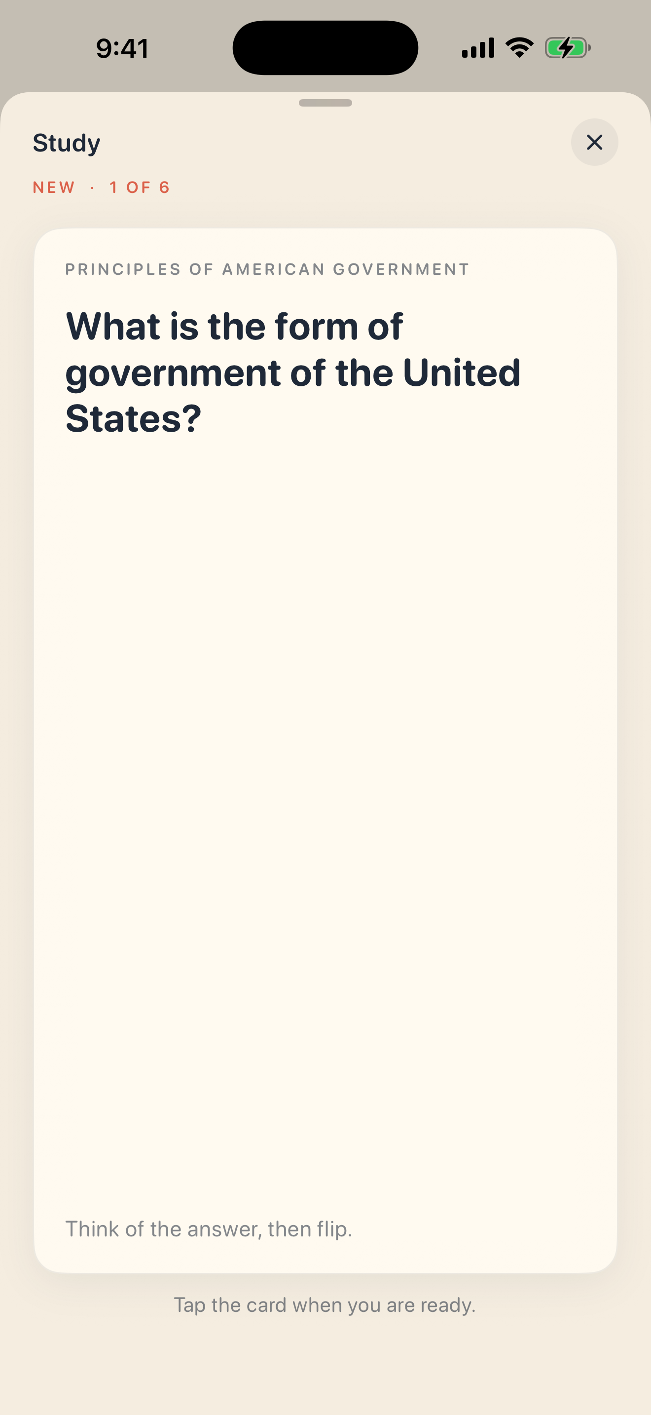Civics Interview study screen on iPhone